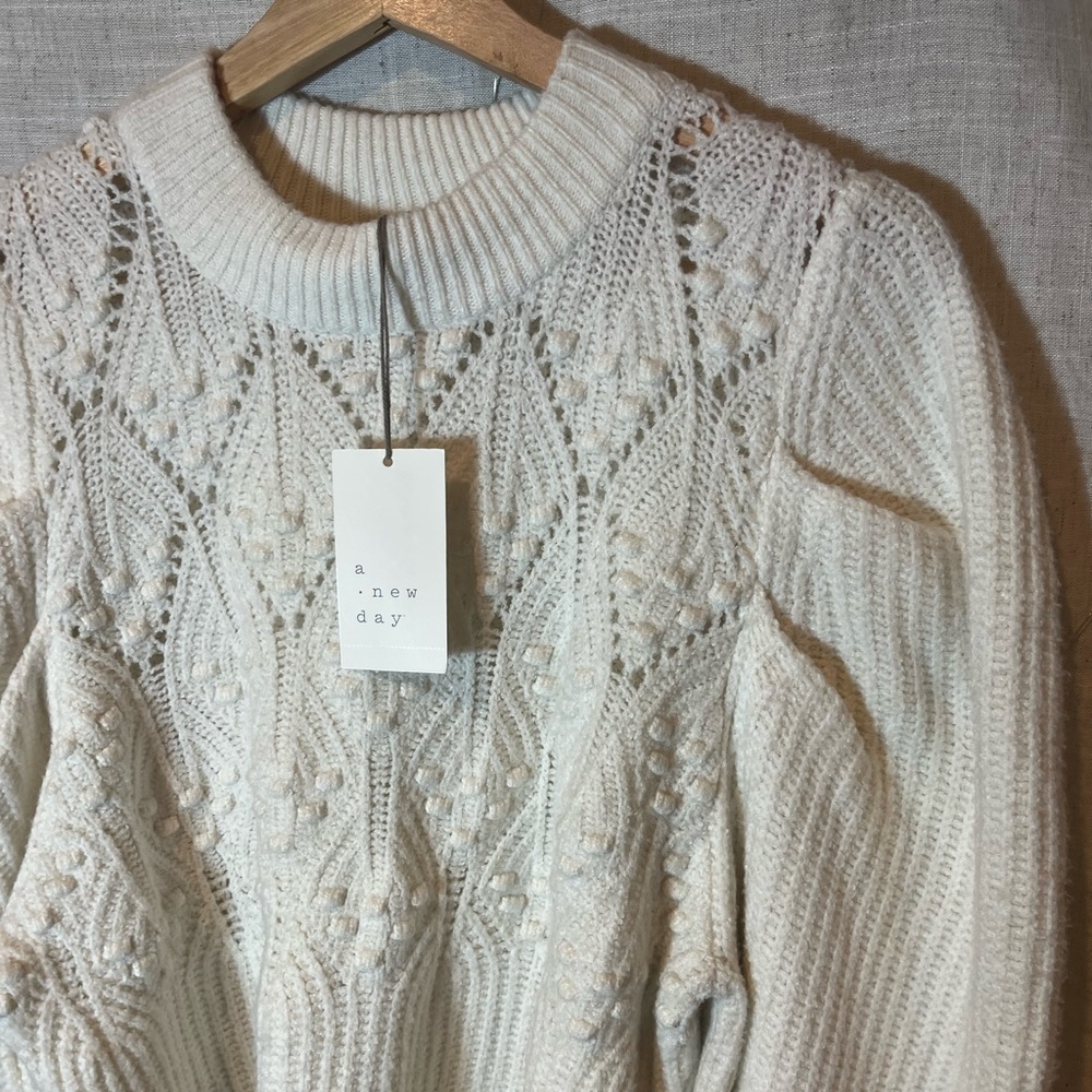 New with tag a new day white sweater puff sleeve knit Pom Poms